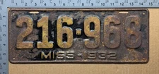 1932 Mississippi license plate 216-968 YOM DMV Ford Chevy Dodge 21214