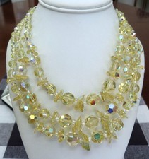3-STRAND VINTAGE SPARKLING FACETED YELLOW AURORA BOREALIS CRYSTALS BEAD NECKLACE