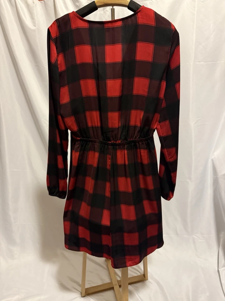 Express Red & Black Buffalo Plaid Knot Front Tie Holiday/ Winter Dress - Image 3 of 4