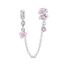 KUNSIR 925 Sterling Silver Pink Floral Safety Chain Charm For Women Bracelet DIY
