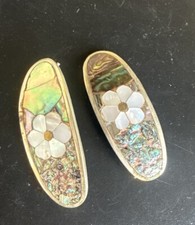 Vintage Alpaca Silver Mexico Abalone Mother Of Pearl Inlay Hair Clips