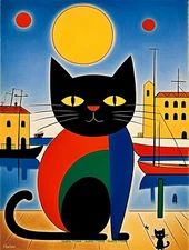 Cat on the Dock with Kitten 8.5x11" Photo Print Style of Joan Miro / Harker Art