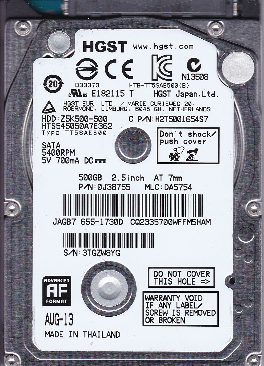 HGST HTS545050A7E362 Apple 655-1730D mlc: DA5754 pn: 0J38755