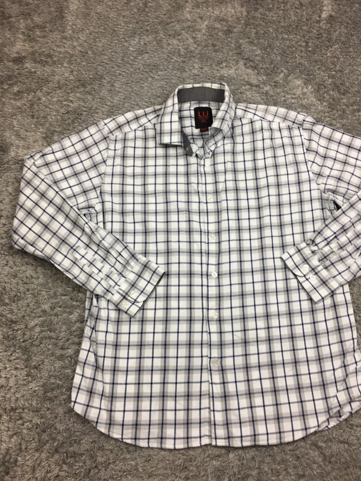 Linea Uomo Button Up Shirt Men Size XXL 2XL White Blue Plaid Long Sleeve Stretch - Image 3 of 4