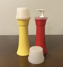Vintage Tupperware Ketchup & Mustard Condiment Pump Dispensers & Lids #718
