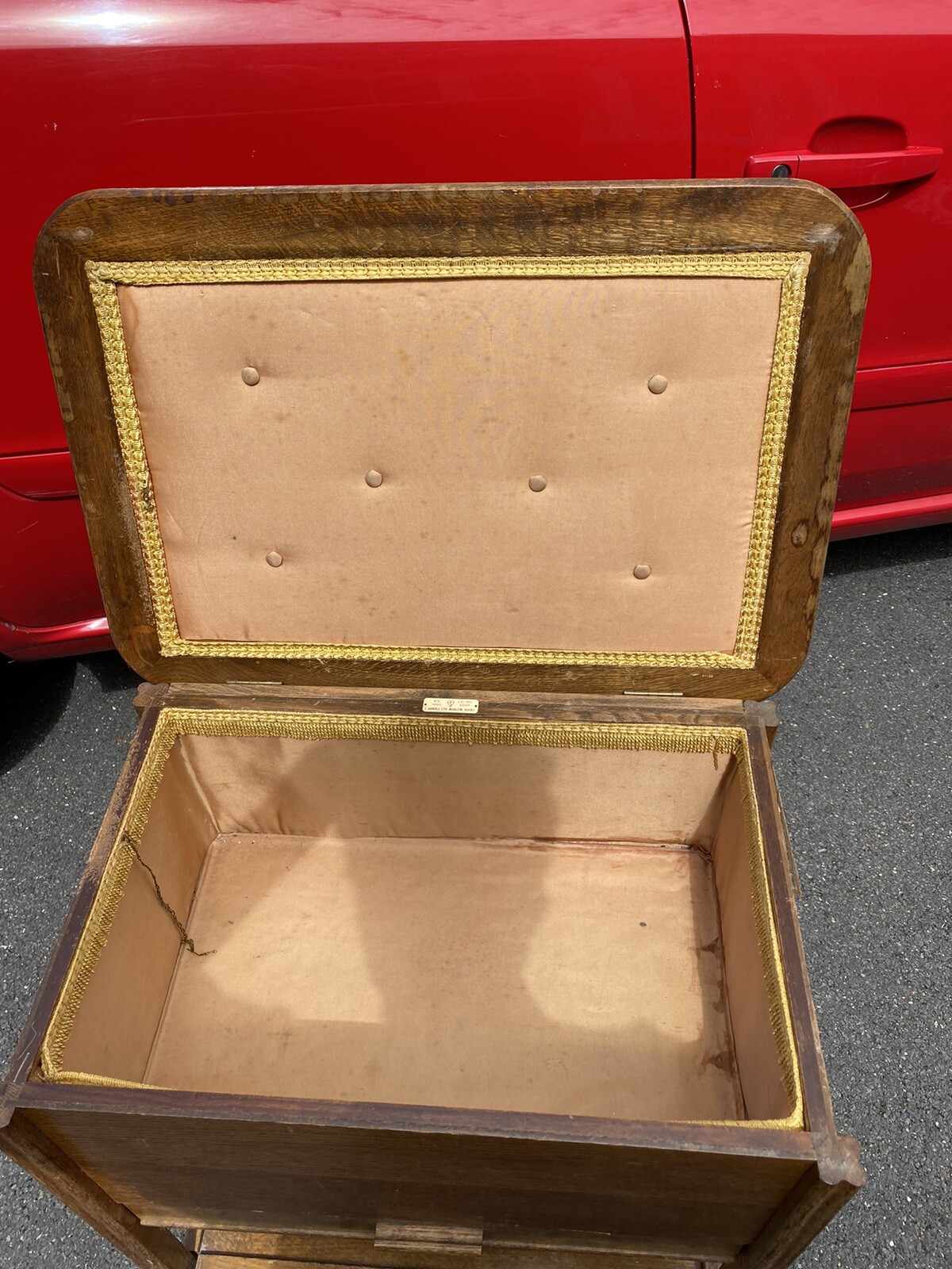 Vintage Wooden Sewing Box Large Solid Sewing Box On Legs W/ Wheels(see