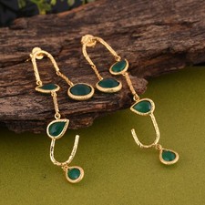Hammered Gold Plated 925 Silver Long Dangle Multi Charm Earring With Green Onyx