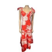 Farm Rio Lace Monsteras Red Midi Dress Tropical Beaded Tie | Strap Red White L