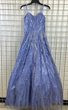 Blondie Nites Blue Glitter-Mesh V-Neck Sleeveless Gown Dress -Women's Size 1 NWT