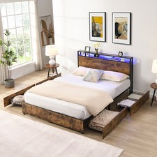 Queen Queen Bed Frame with 4 Storage Drawers and Charging Station   LED Lights