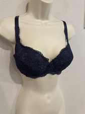 1997 Victoria  s Secret Deep Blue Satin Lace Underwire Bra 36C