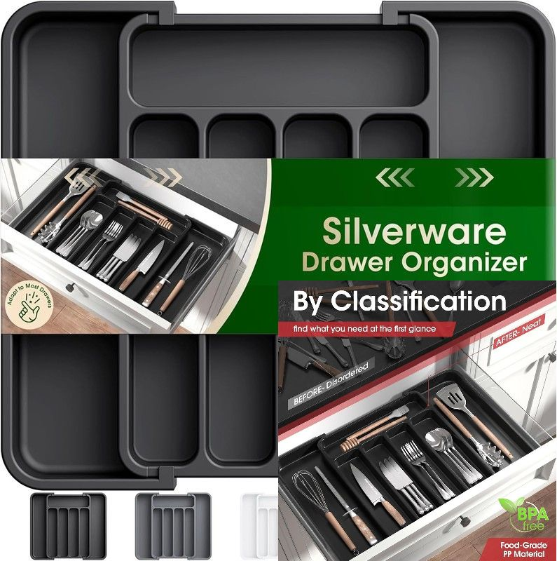 Aujen Expandable Silverware Organizer for Kitchen Drawer in Black