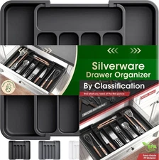 Aujen Silverware Organizer - Expandable Kitchen Drawer Medium, Black 