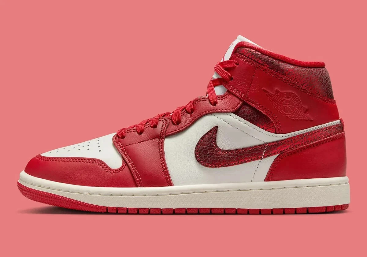 Nike Air Jordan 1 Mid Cracked Red Leather Sail Sneakers HJ9337-106