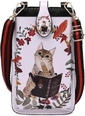 Smartphone pouch with shoulder strap, reading cat design, 17cm x 10cm x 3cm