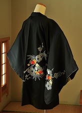 Japanese Kimono Haori Jacket Synthetic-fibers Black Plum/Chrysanthemum/Camellia