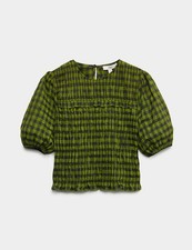 Marks & Spencer Womens Short sleeved Round neck Checked Top in Green Mix - M&S