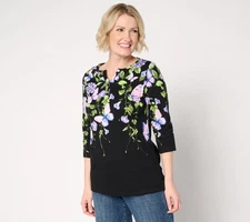 Quacker Factory Women's Top Sz L Hydrangeas Butterflies -Sleeve Black A688410