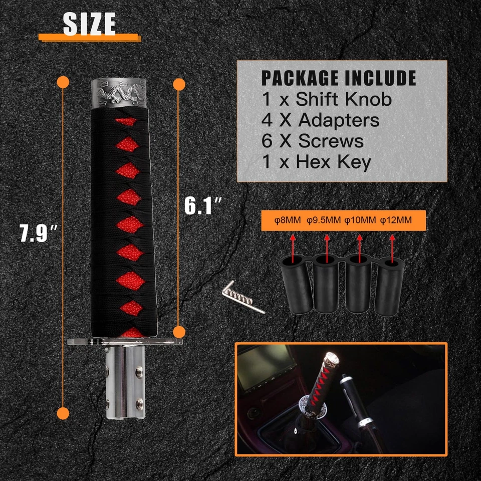 Perilla de Cambio Espada Samurai 6.1" con 4 Adaptadores, Palanca de Cambios Katana Universal Foto 3 de 4