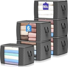 90 L Large Storage Bags 6 Pack Clothes Bins Foldable Closet Organizers