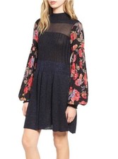 FREE PEOPLE Rose And Shine Sweater Dress Floral Balloon Sleeves Mock Neck sze XS