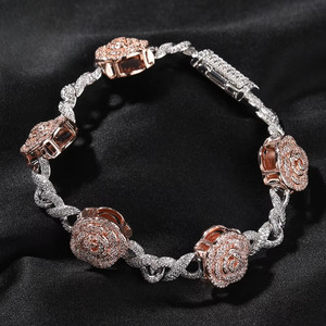 Authentic 5AAA+ CZ Bling Ice Out Hop Hip Rose Flower Infinity Bracelet 14k Gold Plated