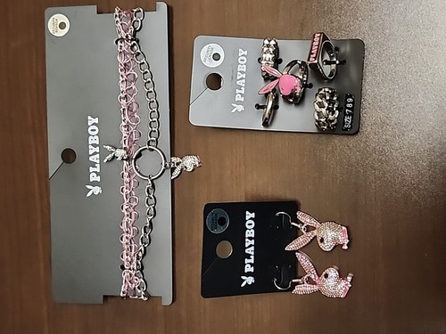 New Playboy Jewelry Lot Of 3 Pink Choker , Pink Earrings 5 Rings Rhinestone P5