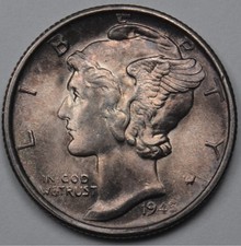1945 10C Mercury Dime Uncirculated BU Nice Toning! #354