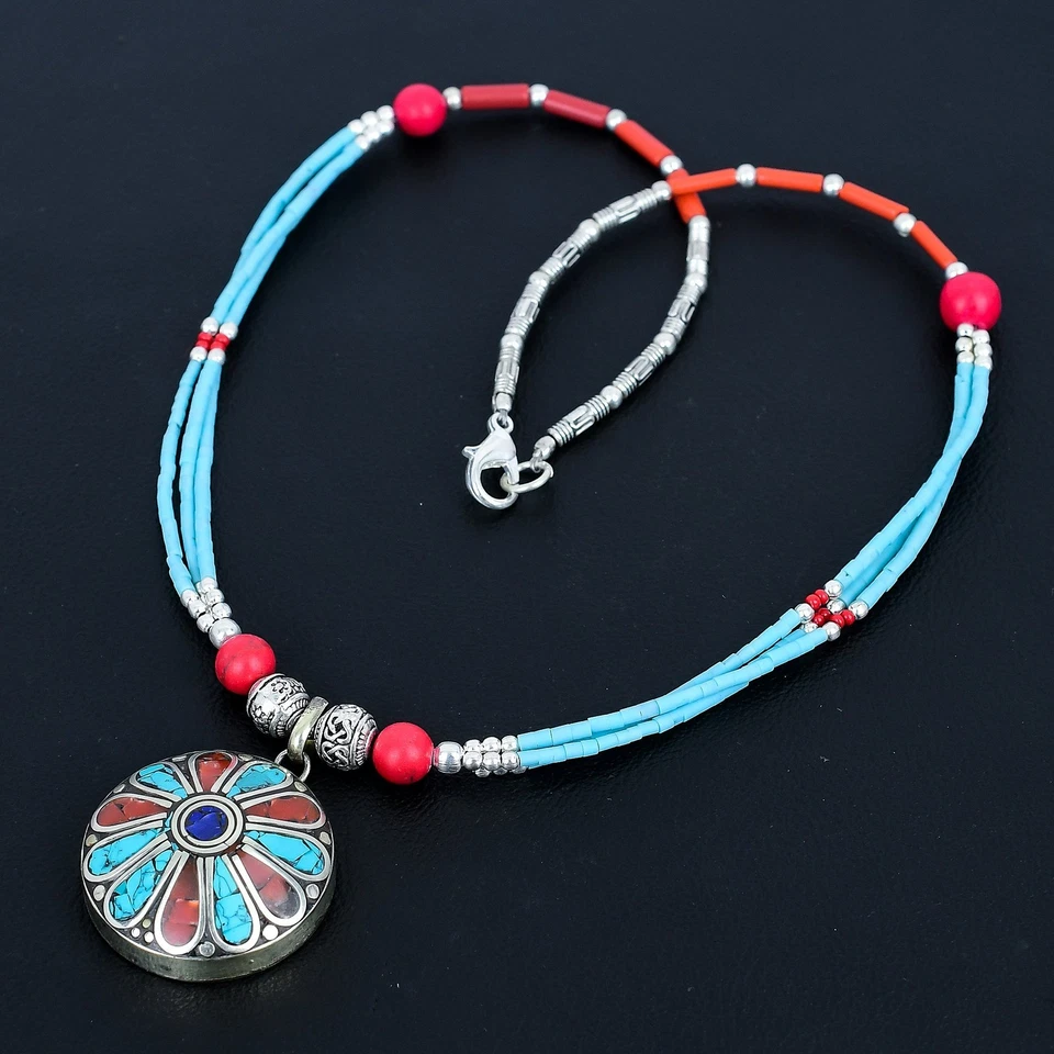 Collana di perline fatte a mano in argento sterling 925 corallo turchese... - Immagine 3 di 4