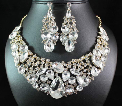 SHINY AUSTRIAN RHINESTONE CRYSTAL BIB NECKLACE EARRINGS SET BRIDAL N1418 GOLD