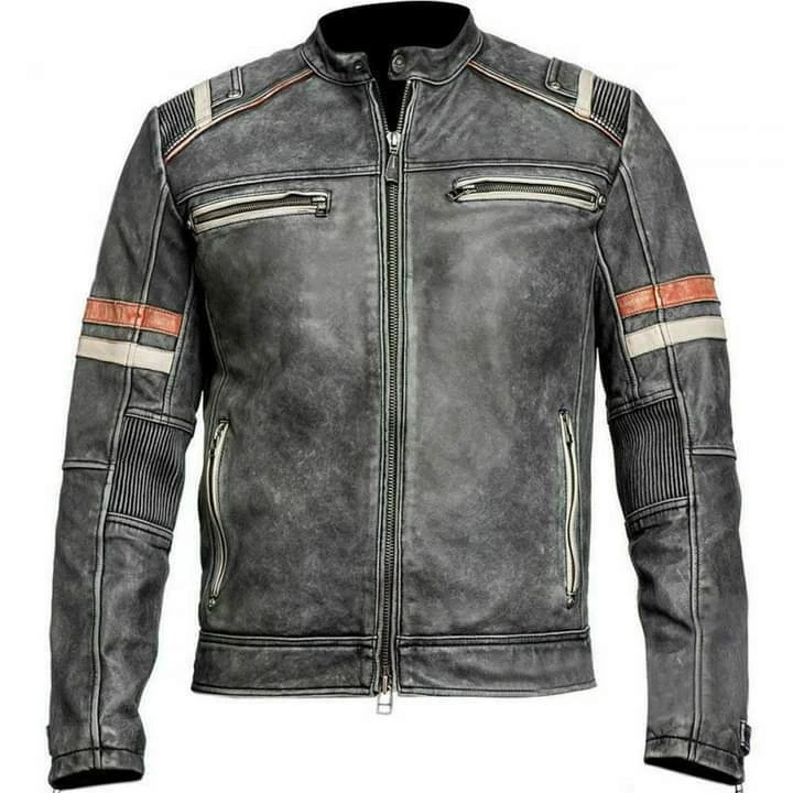 Men’s Real Leather Motorcycle Biker Vintage Café Racer Distressed Jacket- Black