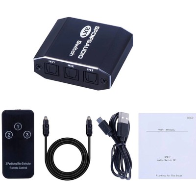 3 in 1out Aluminum Optical Digital Audio Splitter Remote Control Audio Switcher