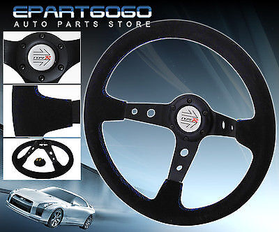 350mm Deep Dish Suede Leather Blue Stitches Deep Dish Steering Wheel Button