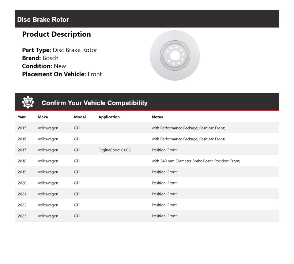 Rotor de freno de disco delantero QuietCast para Volkswagen GTI Bosch 2015-2023 2016 2017 Foto 2 de 4