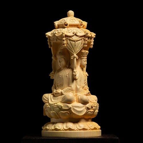 3 Gesichter Amitabha Guanyin Bodhisattva 5,9 Zoll chinesische Buchsbaumschnitzerei Götter Buddha - Bild 1 von 5