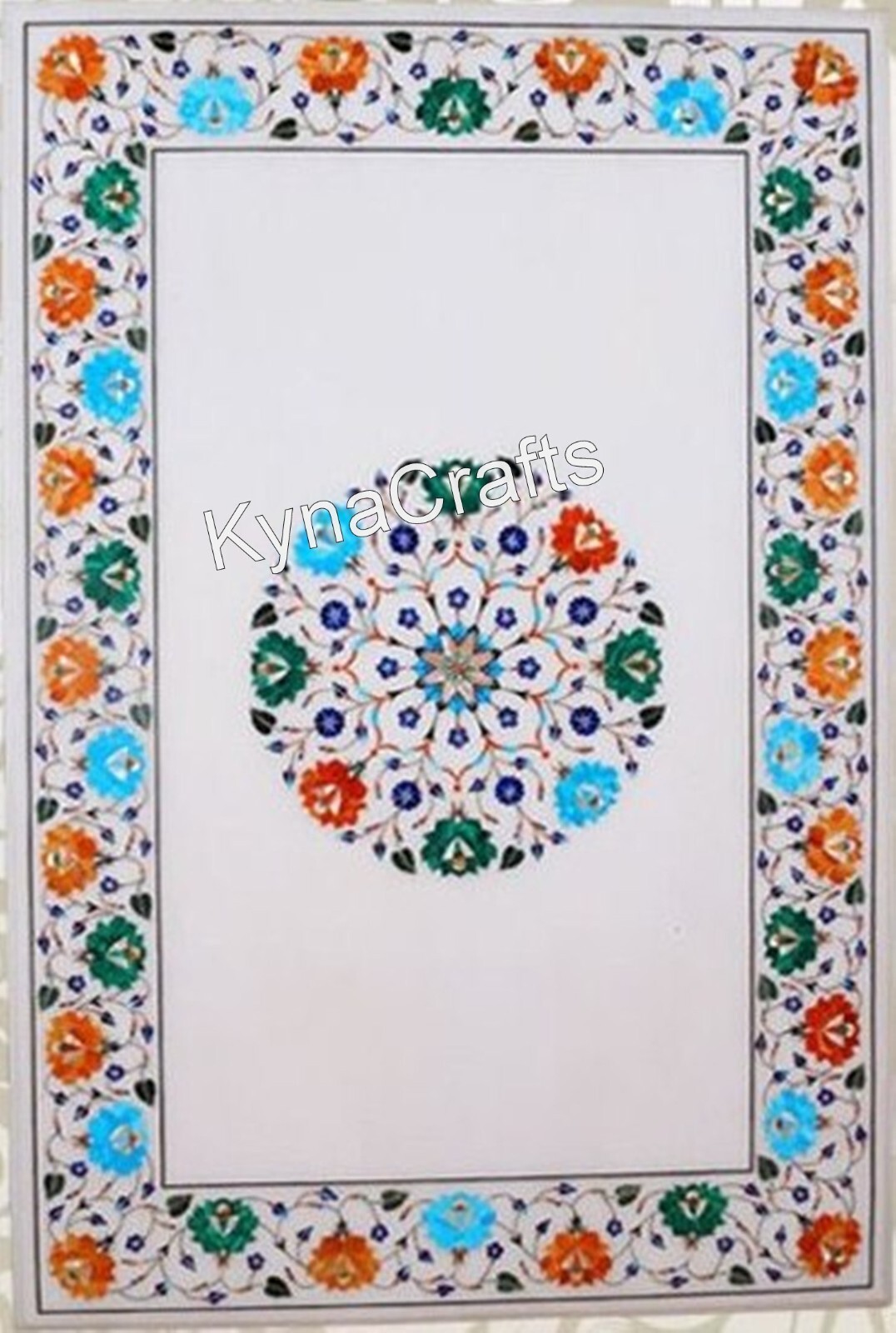 Elegant Rectangle Marble Coffee Table with Intricate Inlay for Living Room