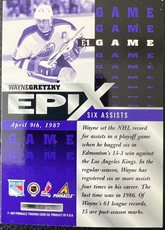 WAYNE GRETZKY 1997-98 SCORE PINNACLE RARE EPIX PURPLE GAME CARD - Image 2 of 2