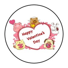 30 Cute Animals Valentine's Day Envelope Seals Labels Stickers 1.5" Round heart