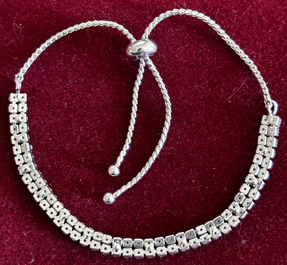 Pulsera Diva Tenis Plata Pelota Deslizante 2 Filas Circonita Abierta Espalda Ajuste Ajustable Foto 2 de 4
