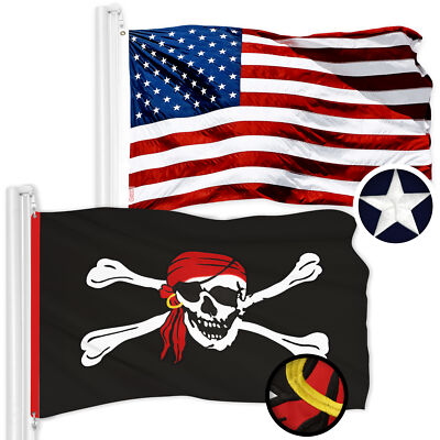 Combo USA Flag & Pirate Jolly Roger Red Head Scarf Flag 2.5x4 Ft Emb 300D Poly