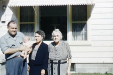 35mm Slide 1950s Red Border Kodachrome Granparents with Newborn Baby in Yard