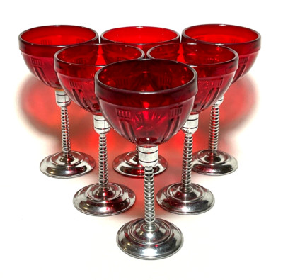 MORGANTOWN ~ Set (6) Art Deco Ruby Red LIQUOR COCKTAIL GLASSES w/Chrome Stems