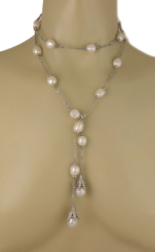 Collar Diamante Oro Perla Torre Casquillo Estilo 18k Blanco Lariat 42" Largo Foto 4 de 4