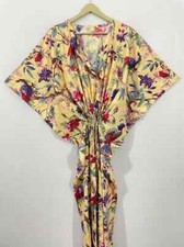 Indian Beige Long Bird Print Cotton Hippie Maxi Women Nightwear Caftan Dress