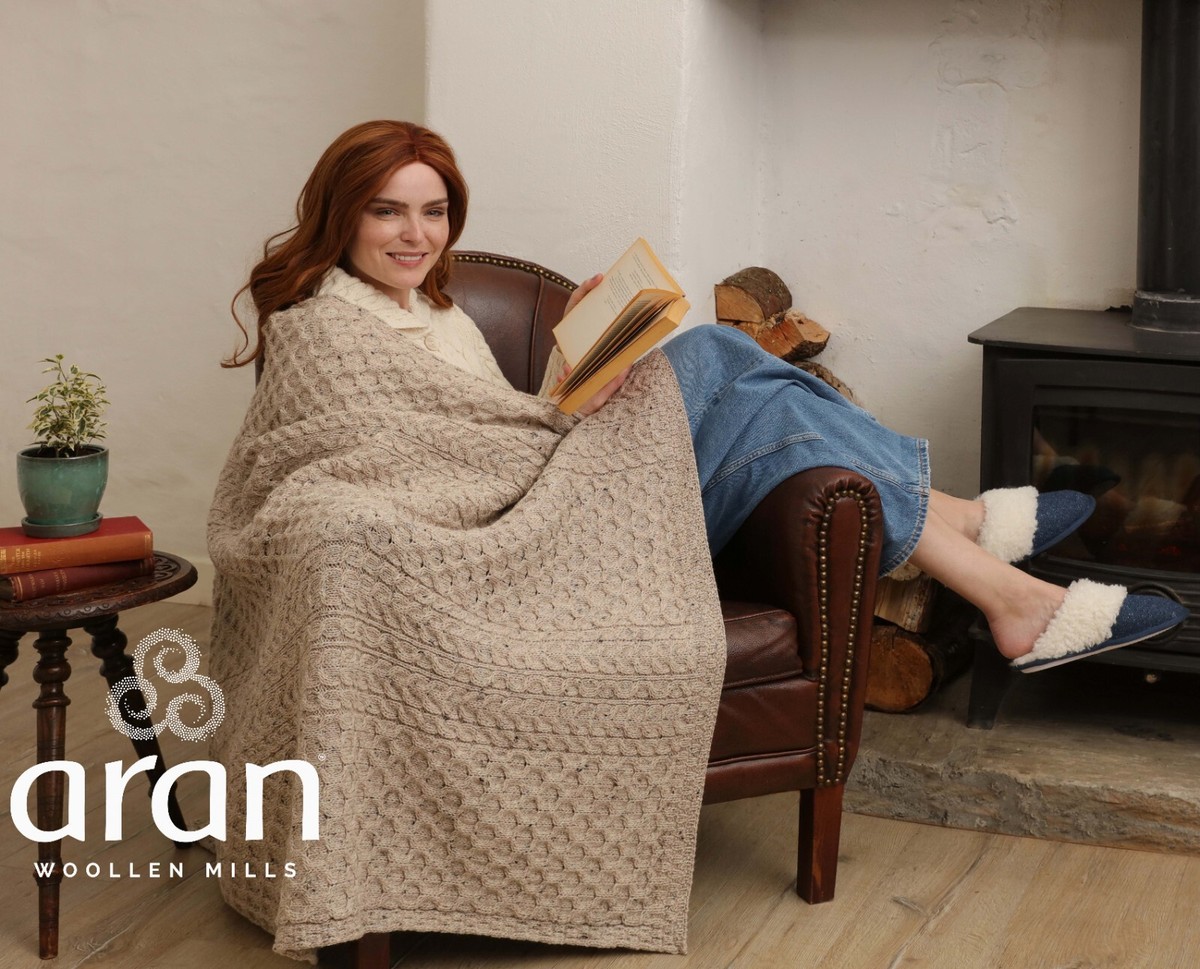 Aran Woollen Mills 100% Natural Wool Cable Knit Adult Blanket