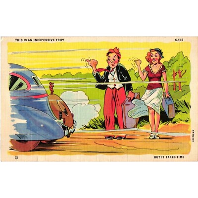 Autocomics Expensive Trip It Takes Time Vintage Hitchhiking Postcard Posted 1945
