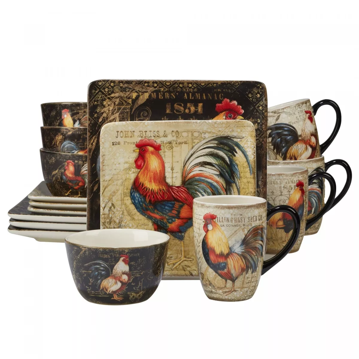 16 Pc Rooster Dinnerware Set Colorful Ceramic Farmhouse Dishware Square Plates