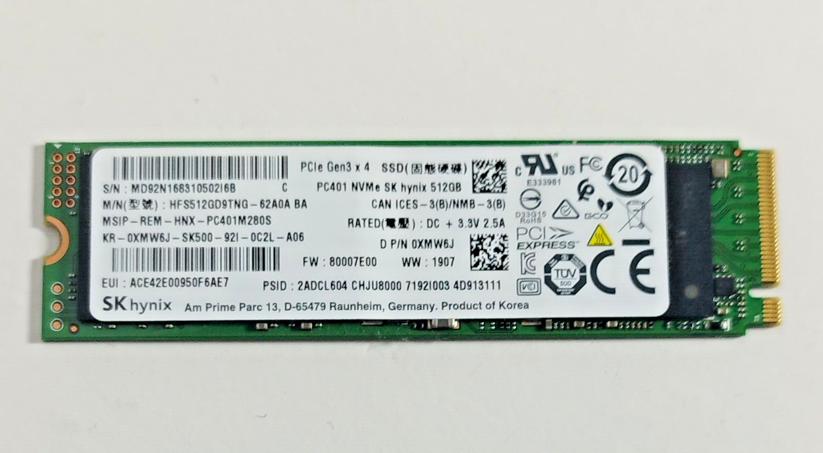 1 x 512GB SK Hynix M.2 2280 PCIE Gen3 x4 NVME SSD for PC/Laptop