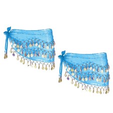 2 Pcs Belly Dance Hip Scarf 57x11" with 72 Gold Coin, Sky Blue