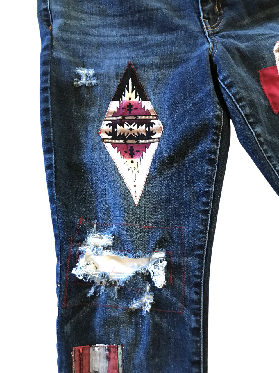 Upcycled Aztec Patchwork Jeans, Distressed Croppe… - image 12